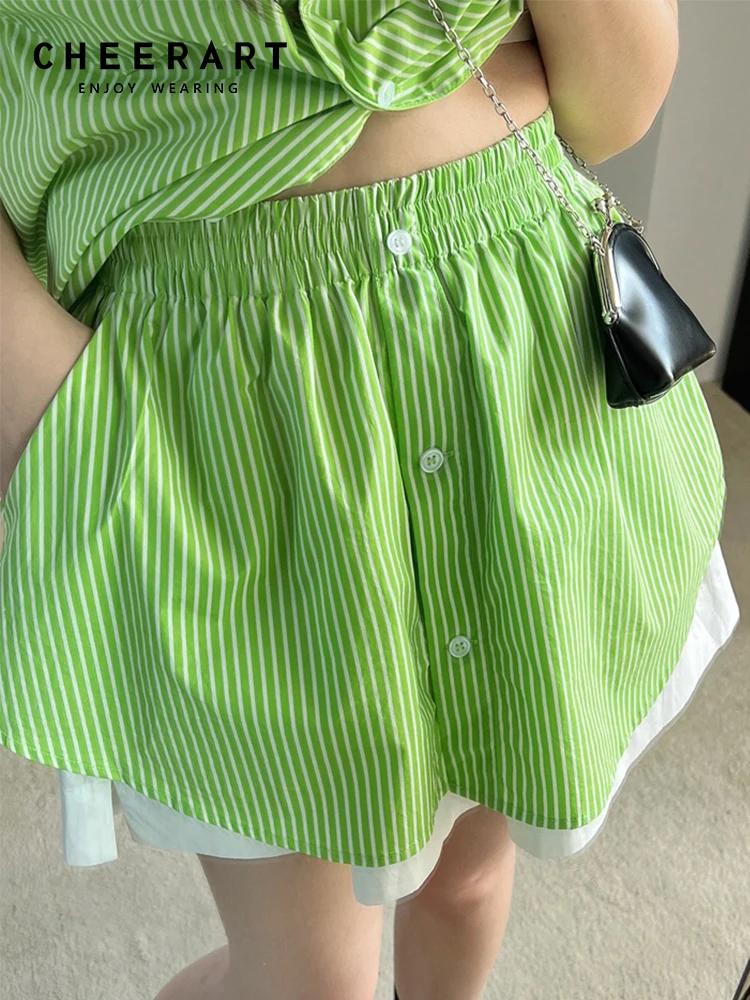 

CHEERART Designer Green Striped Summer Shorts Women Elastic High Waist Wide Leg Shorts Fashion Bottoms 2022 Clothing