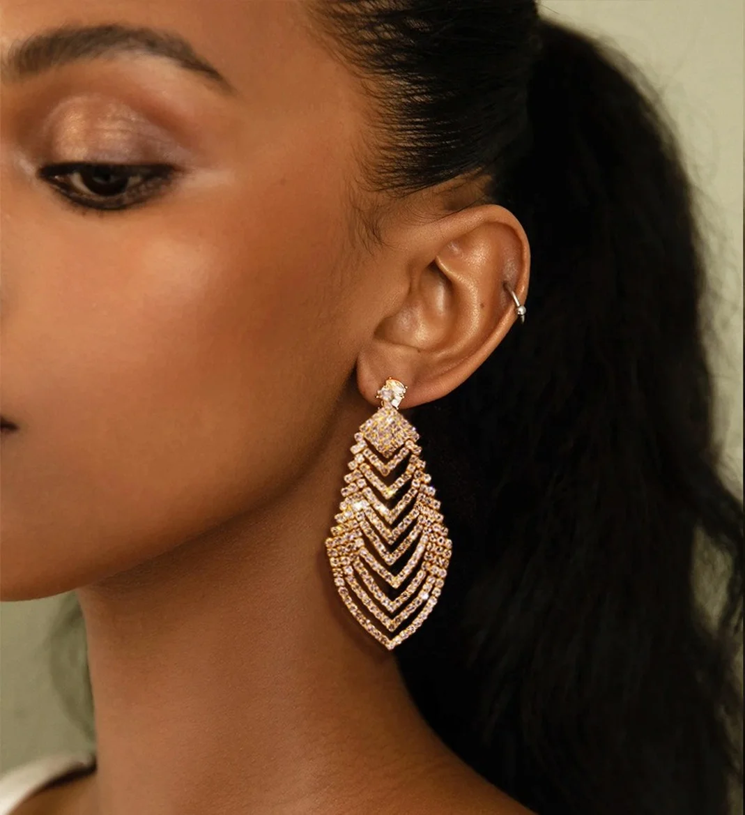 

European and American jewelry long diamond leaf earrings personality ultra flash hollow diamond earrings fashion for women