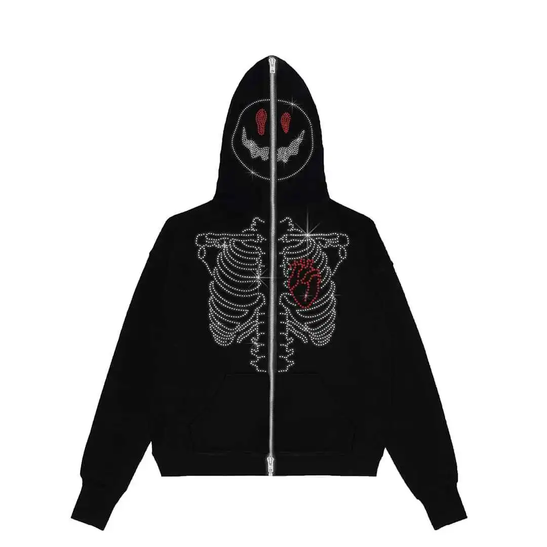

ALANOS Vintage Skeleton Rhinestone Zip Up Hoodies Hip Hop Oversized Sweatshirts Harajuku Hooded Y2k Jacket Streetwear 2022 New