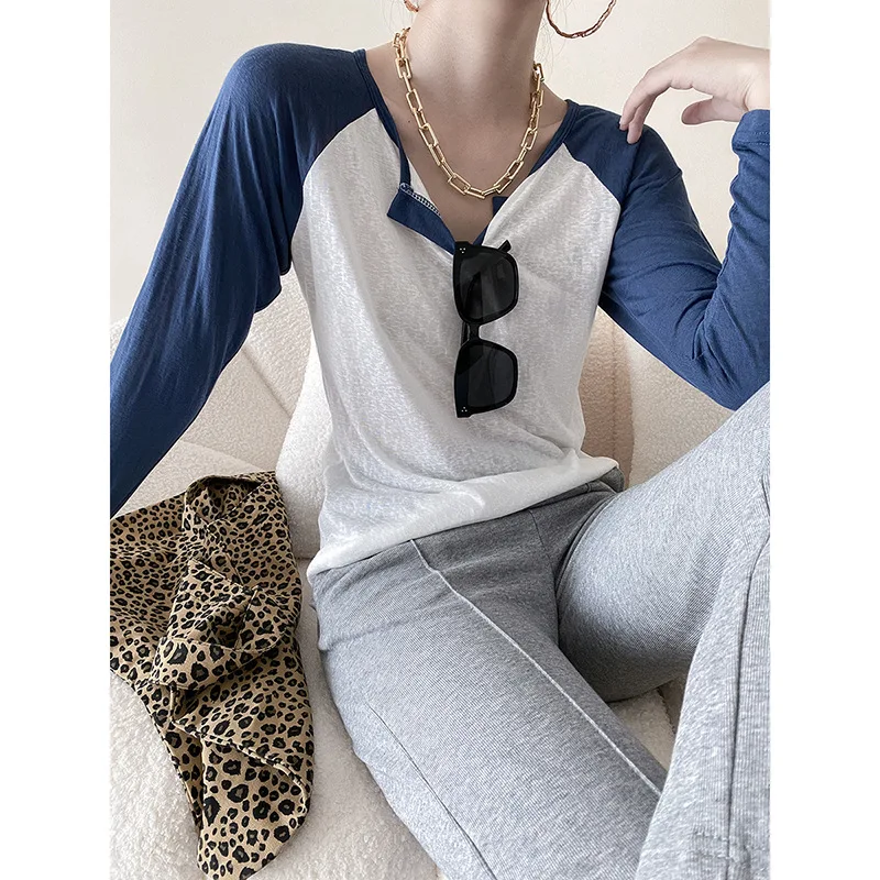 

Contrast Color Slub Cotton Long-sleeved T-shirt Women's 2022 Spring and Autumn New Small V-neck Loose Casual Top Fashion