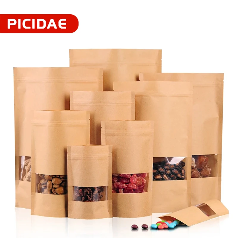 

Kraft Paper Self-sealing Bag Transparent Window Food Storage Tea Nuts Gift Coffee Beans Household Packaging Can Be Resealable