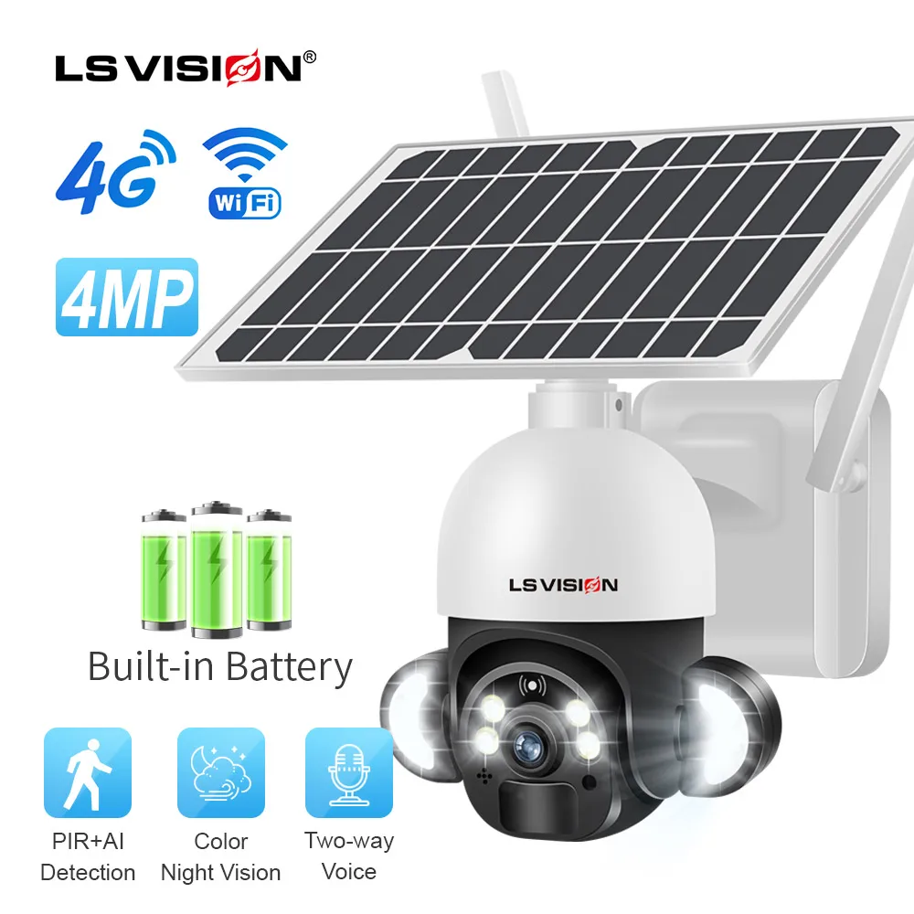 LS VISION 4G Sim Card Camera 6W Solar Panel WIFI Wireless 4MP 2MP CCTV Video Surveillance Cam Outdoor Alarm Long Standby Battery