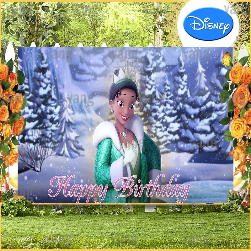 Ice Forest Disney Princess Tiana and The Frog Backdrop Baby Shower Girl Happy Birthday Party Cake Banner Background Decoration