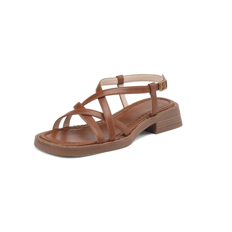 Woven Roman leather sandals women's summer wear 2023 new retro soft bottom fine belt square head flat women's shoes34-43  L1269