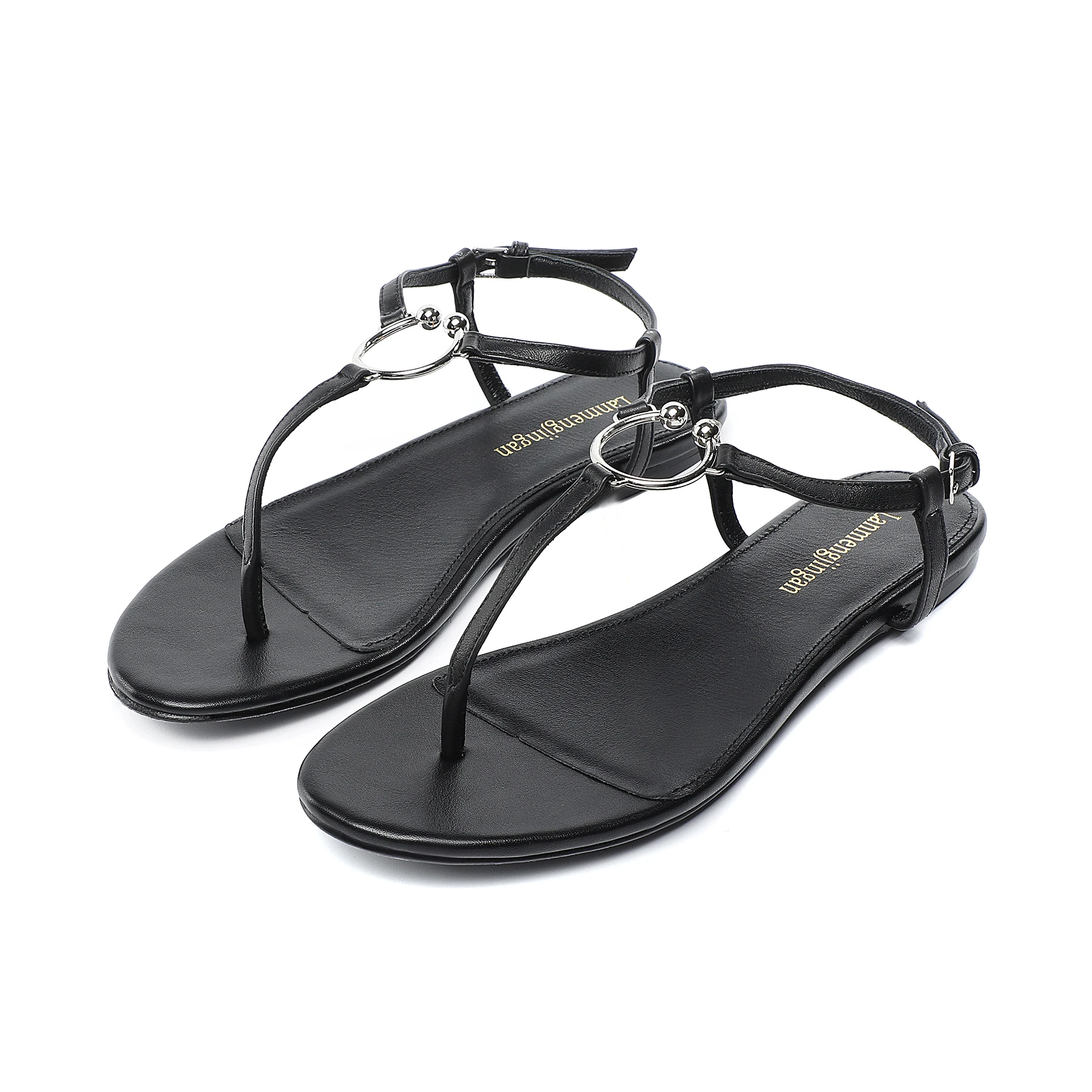 

2023 spring and summer new fashion brand round head women's sandals flat bottom comfortable leather women's buckle sandals 35-43