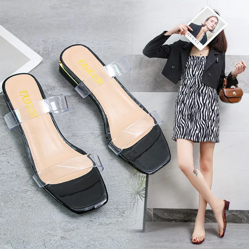 2022 New Women Sandals Summer Slip-on High Heel Women Beach Slippers Transparent Pvc Sandals Square Toe Slides Size 35-43