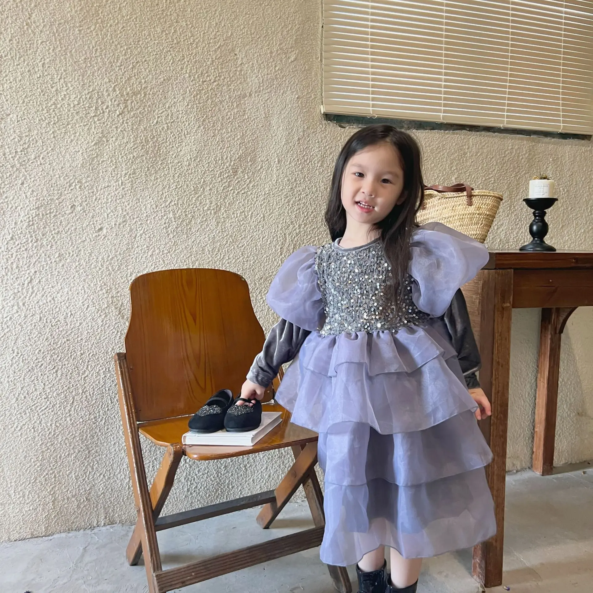 

Children Clothes 2022 Spring Autumn New Korean Girls Princess Dress Sweet Cute Knee Length Bow Patchwork Lovely Layered Dress