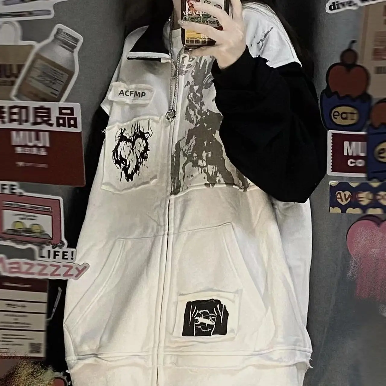 

Women Harajuku Sweatshirt Street Patchwork Graffiti Oversized Outerwear Cardigan Sweatshirt Vintage Y2K Casual Streetwear Autumn