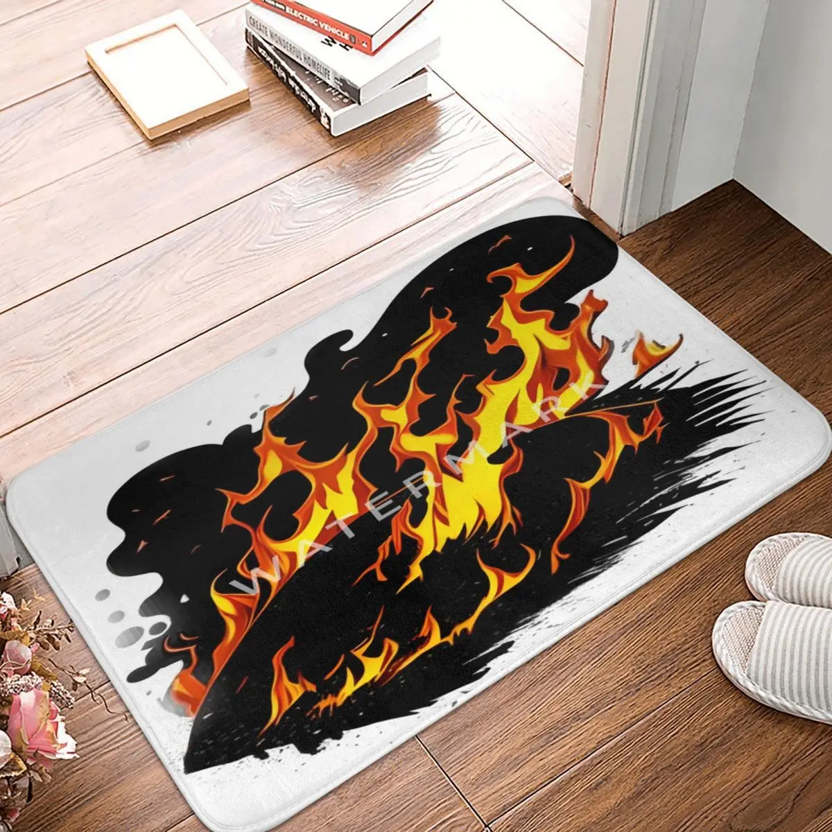 

Red Black Fire Design , Comic Style Carpet, Polyester Floor Mats Cute Style Durable Outdoor Festivle Gifts Mats Customizable