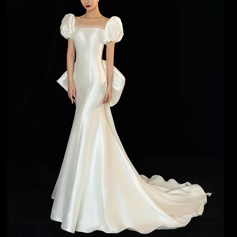 White Satin Mermaid Wedding Dresses Lantern Sleeve Slim Boho Square Collar Backless Big Bow Sweep Train Bridal Gown Custom Made