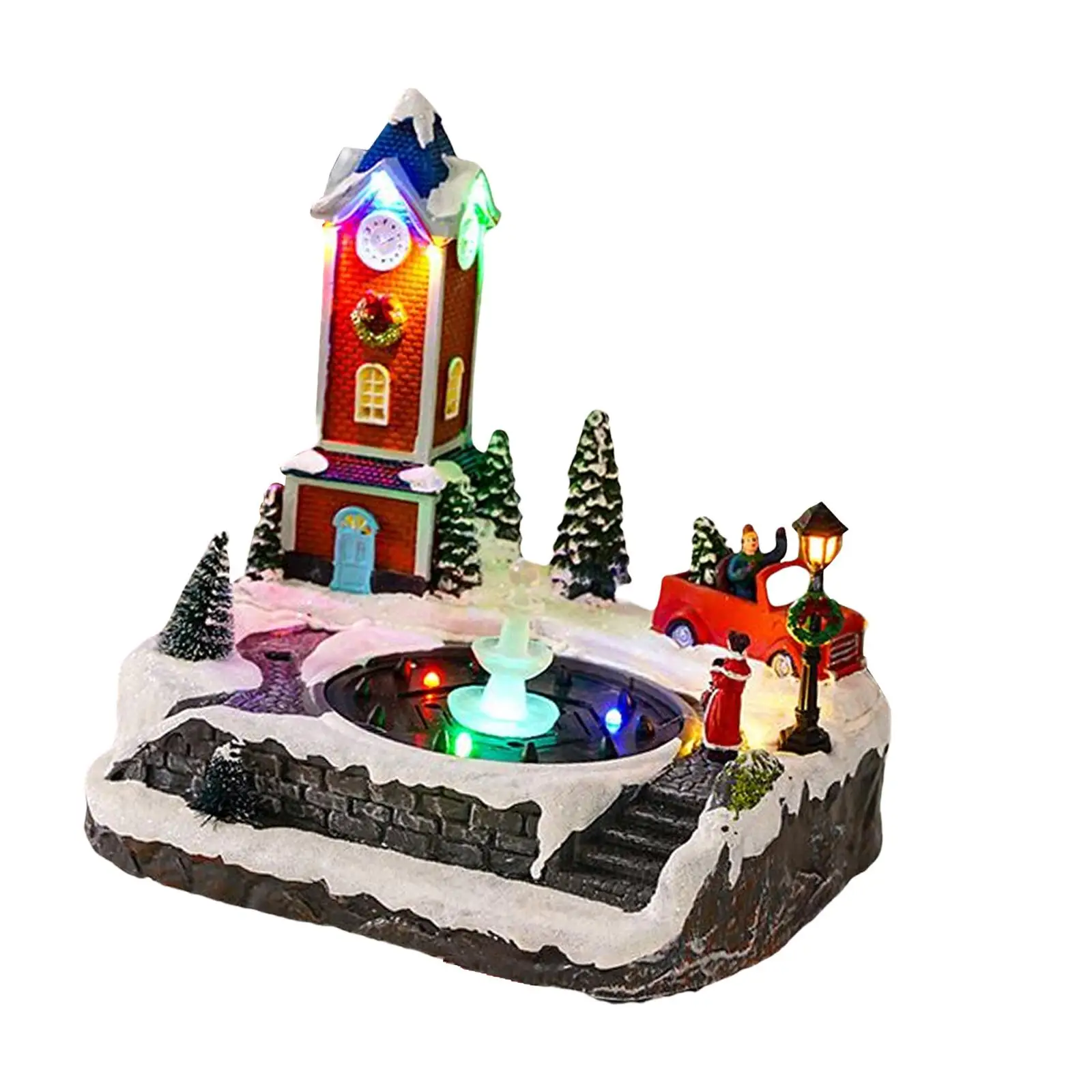 

Christmas Church Snow Village House Musical Fountain USB Battery Powered Sculpture for Living Room Tabletop Indoor Decoration