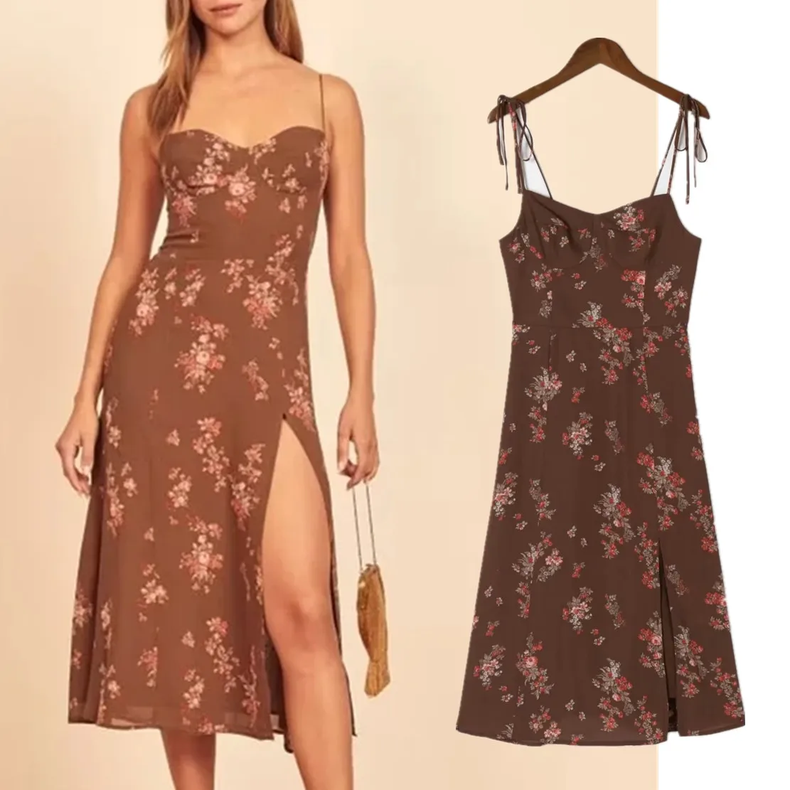 

Withered 2023 Summer French Style Vintage Floral Print Forking Sexy Midi Dress Women
