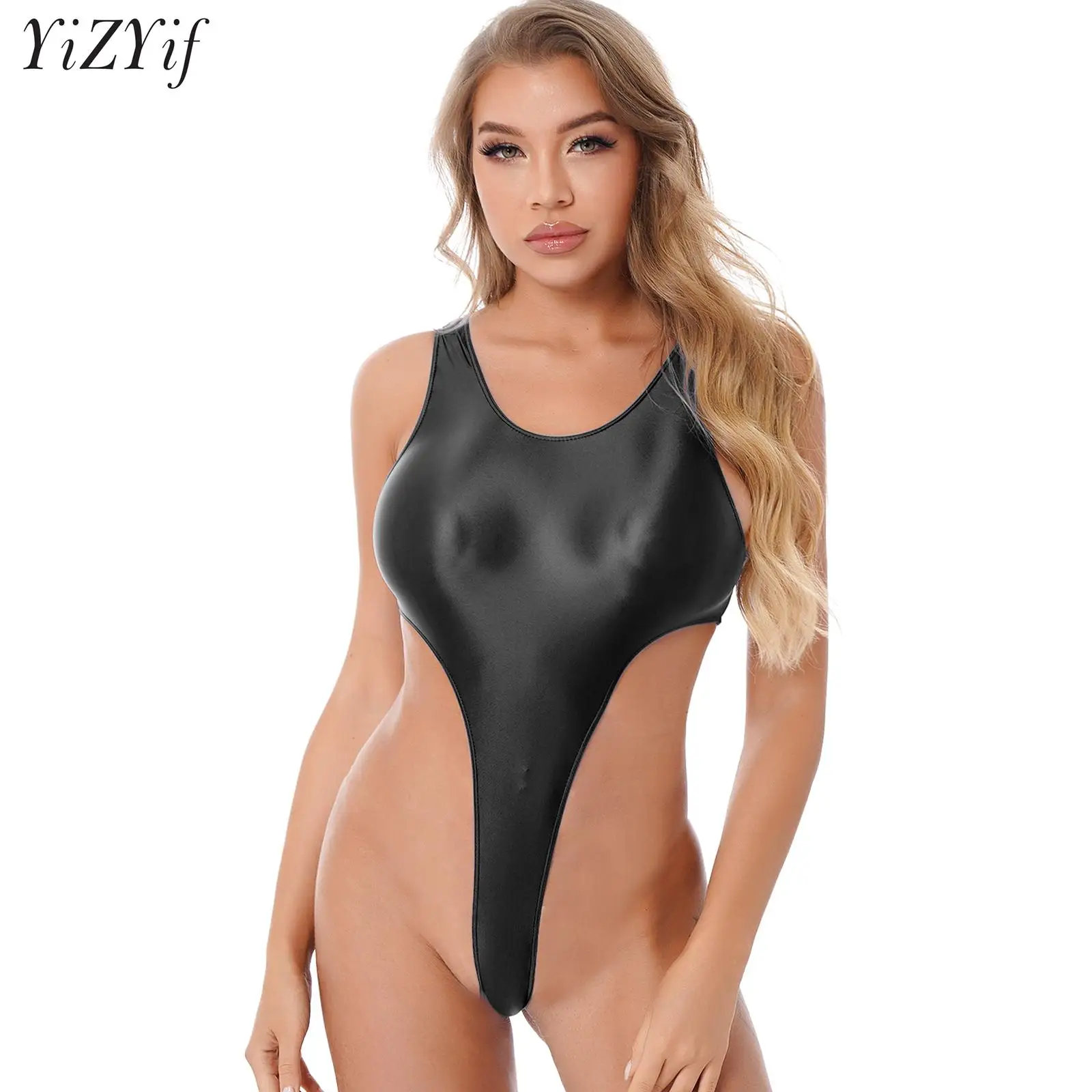 

Womens See Through Sheer High Cut Thong Leotard Bodysuit Lingerie Catsuit Shiny Glossy One Piece Monokini Swimsuit Bathing Suit