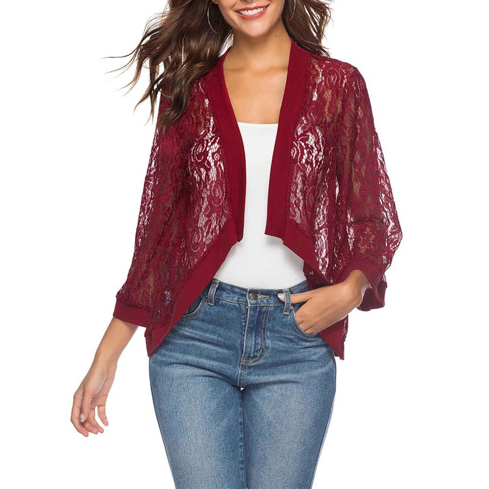 

2023 Autumn Summer Lace Cardigan Women Solid Color Transparent Lace Female Cardigans Women Shawl Coat Outerwear
