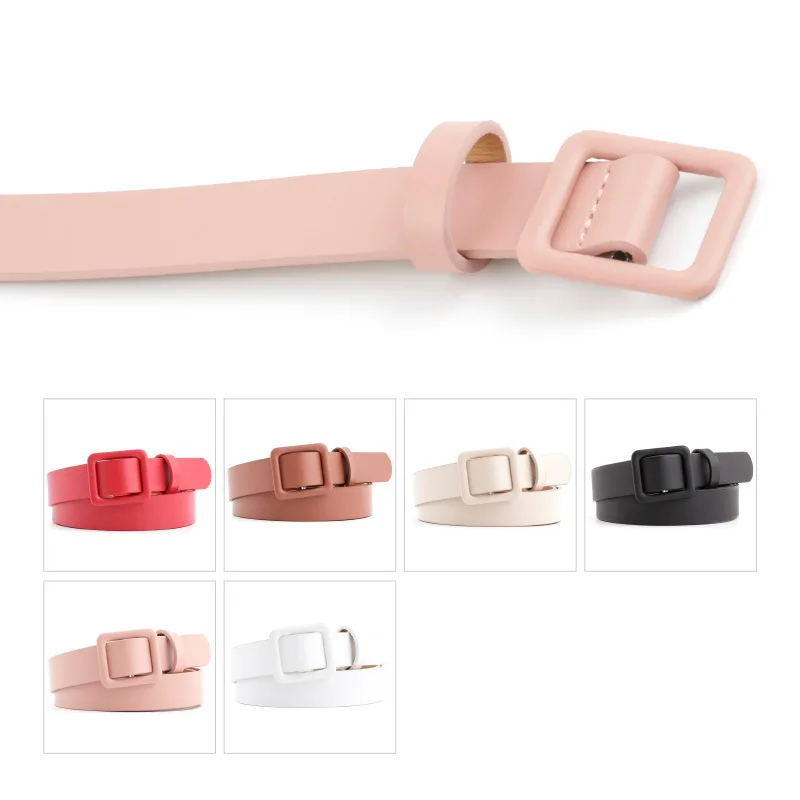 Women PU Leather Belt Solid Color Thin Skinny Waistband Metal Buckle Adjustable Belts for Lady Dress Strap