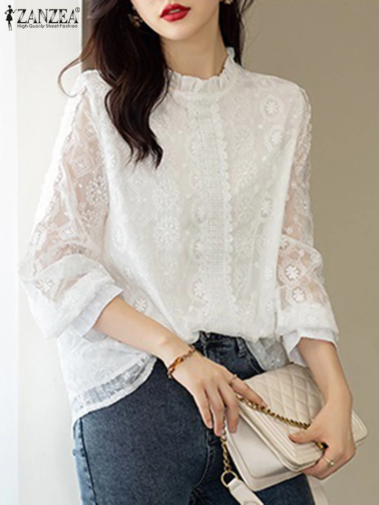 

ZANZEA Ruffle Collar 2023 Fashion Sheer White Shirts Long Sleeve Elegant Women Summer Blouses Lace Insert See-through Tunic Tops