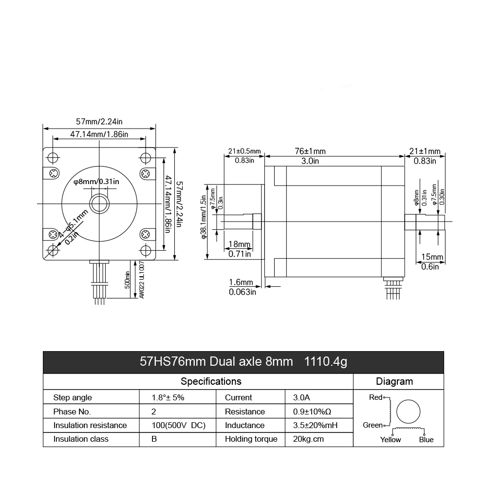 Двухфазный шаговый двигатель MHCN NEMA23 57 2 Н · м 270 оцин 3 А 76 мм 8 вал 57HS76 с 4