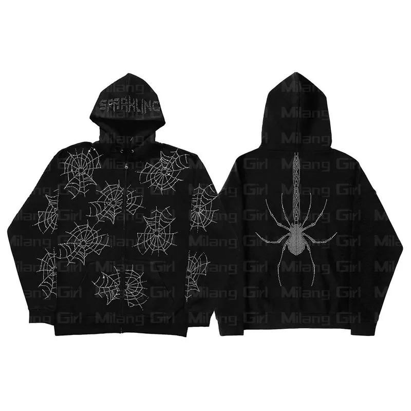 

Hoodie Men Streetwear Long Sleeve Rhinestones spider web Zip Sweatshirt Letter Oversized Top Clothing Hoodie Fashion Hoodie Y2K