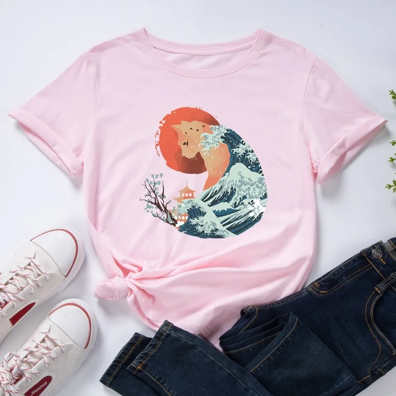 

Футболка женская летняя с коротким рукавом и принтом морской волны