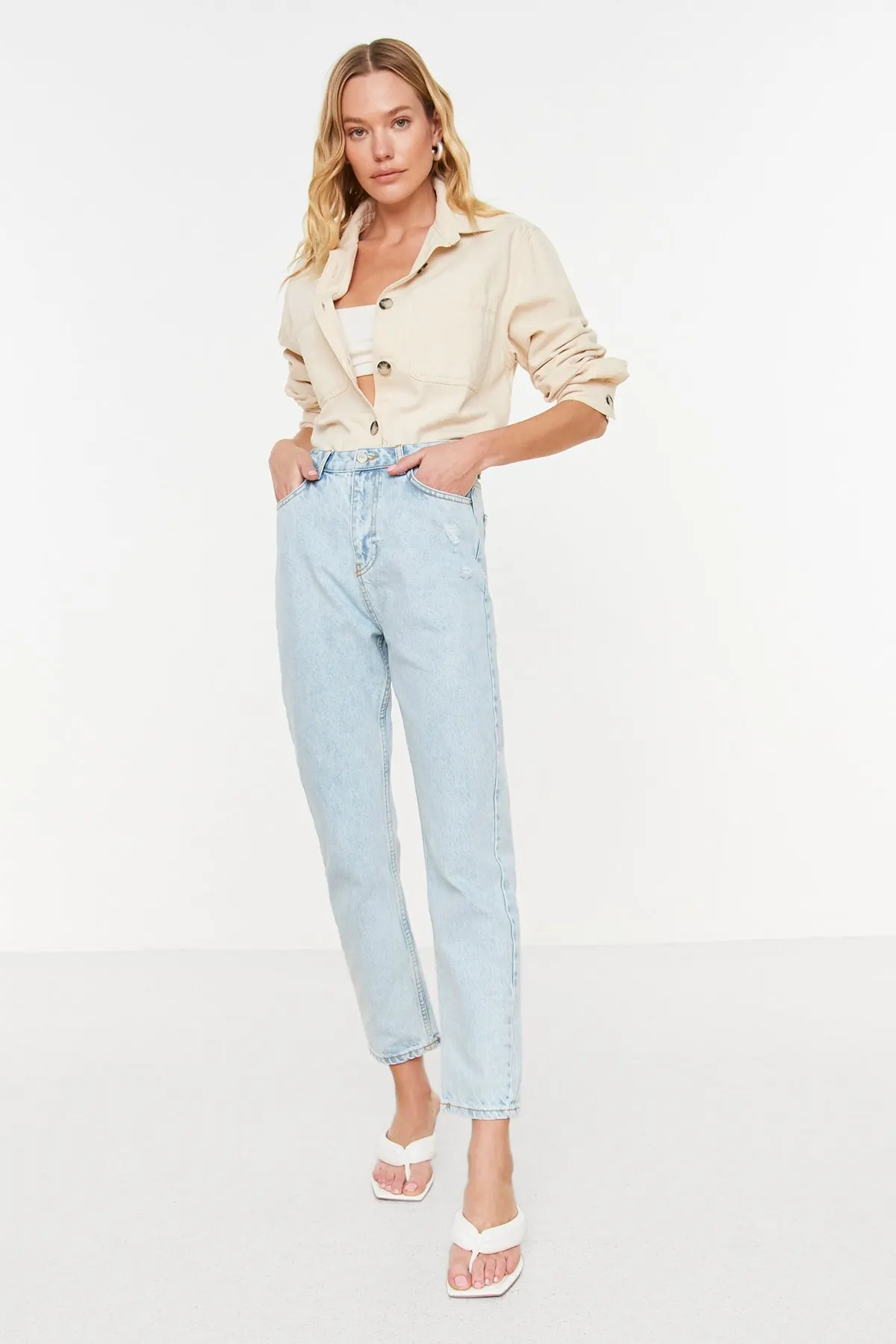 

Women's Jean Blue High Waist Full Length High Waist Straight Pant Streetwear Female Jeans Jeans Buttons Zipper Ladies