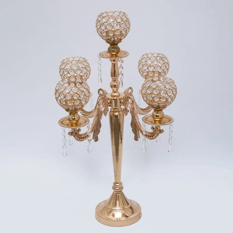 

H62cm * W34cm, 5 Heads Crystal Candelabra Candle Holder Wedding Centerpiece Wedding Table Decor Candle Holder Gold Candelabrum