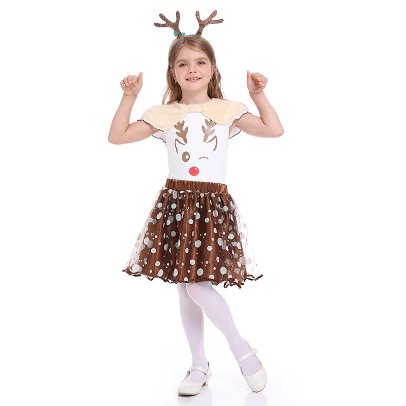 

Anime Cosplay Girls Christmas Wapiti Princess Dress Full Sleeve Snowflake Children Cartoon Reindeer New Year COS Suits Gifts
