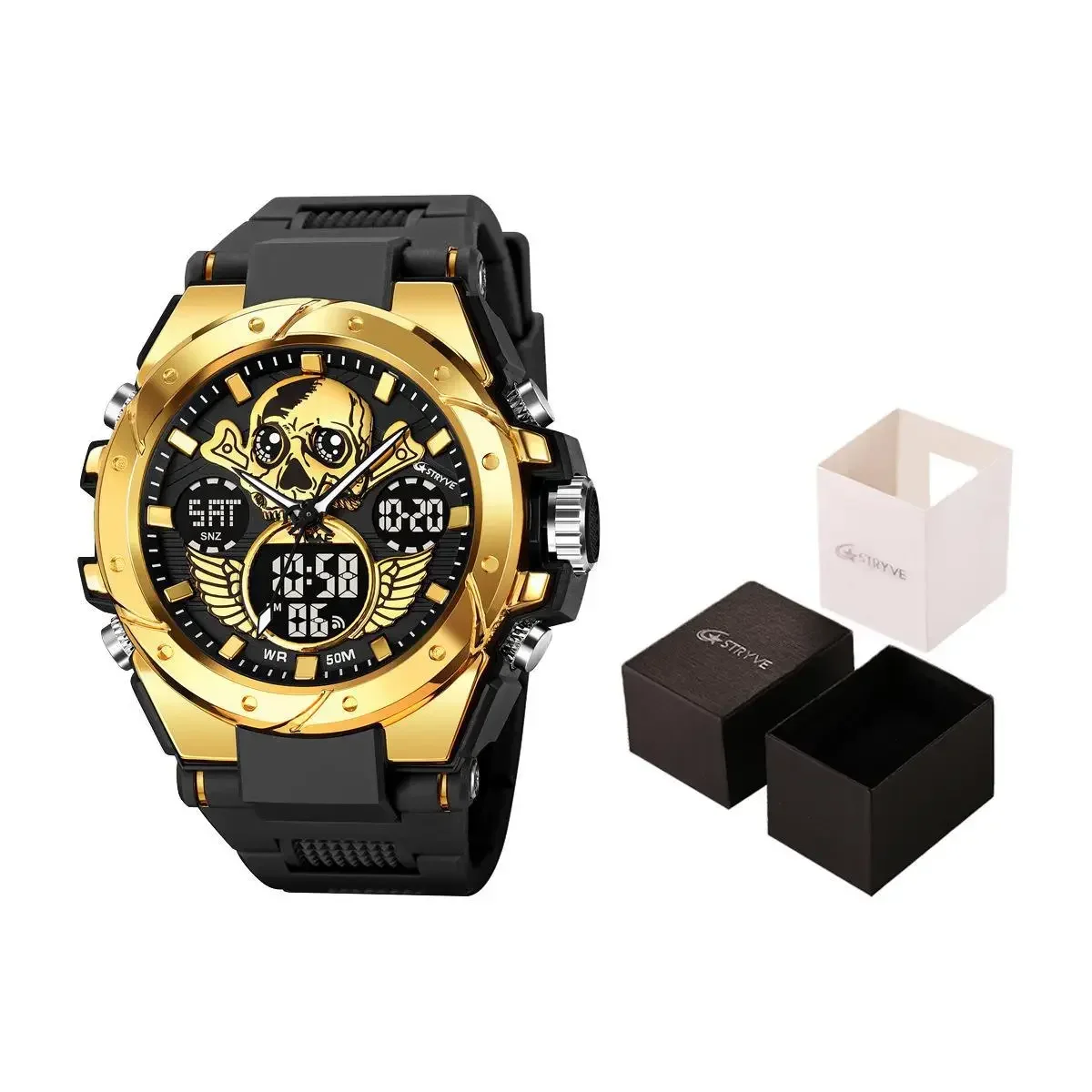 

New STRYVE Men's Watch Creative Skull Design Digital-Analog Dual Display Watch Calendar Week Stopwatch Multifunction Watch S8008