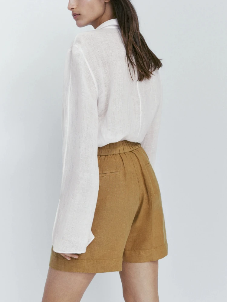 MD Women's Summer New Fashion Pleated Linen Solid Color High Waist Casual All-match Commuting Straight Wide-leg Shorts Hot Pants