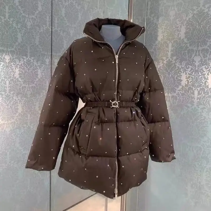 Women's Winter 2022 Mid-length Thickened Parka Women's Warm Jacket New Rhinestone Beaded Waist Cotton Clothes