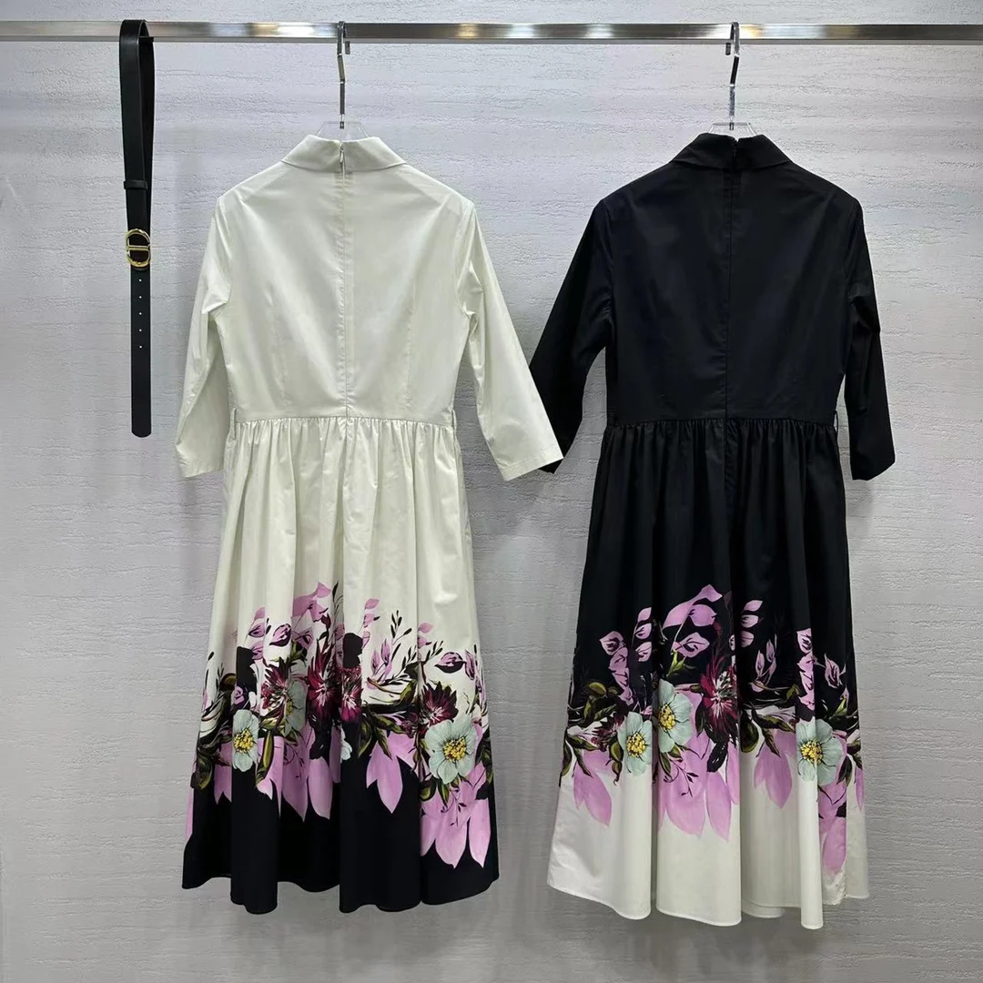

2024 early spring new style cotton positioning printed pocket design big swing dress Lapel collar Lower back