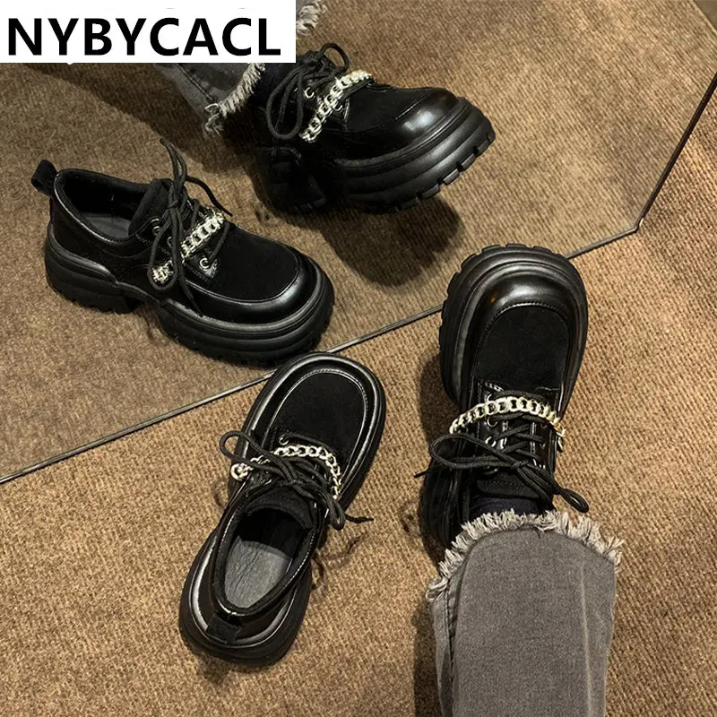Women Chunky Platform Flat Pumps Women Patent leather Chain Shoes Oxford Shoes Black Casual Thick bottom Round toe Ladies Shoes