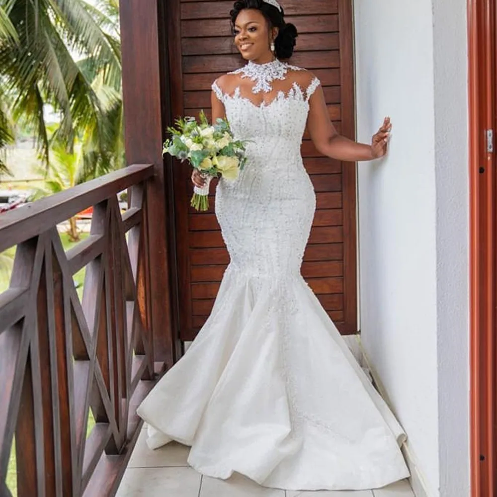 

Luxury White Lace Custom Evening Dress Satin Pearl Sequin Mermaid Sleeveless O Neck Formal Party Dress Vestido De Gala