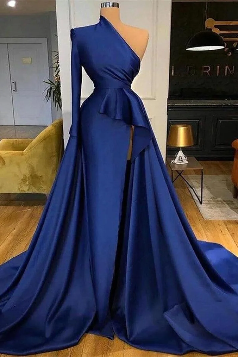 

New Charming Evening Dresses One Shoulder Long Sleeve Dark Navy Blue Lady Occasion Gowns Sweep Train Split Satin Prom Dress