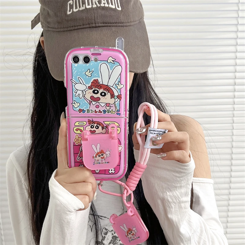 

Pink Shin-chans Nohara Himawaris with Lanyard Telephone Phone Case for Samsung Galaxy Z Flip 3 4 Z Flip 5 5G Hard PC Back Cover
