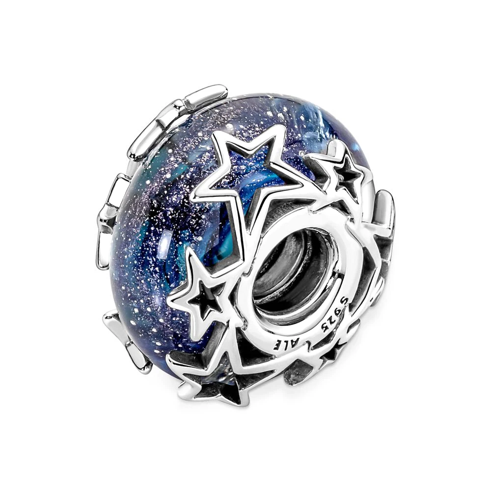 Pandora 925 Silver Galaxy Blue and Star Murano Charm, Star and Crescent Moon Charm for Women, Birthday Gift Bracelet, DIY Jewelry Executive 2