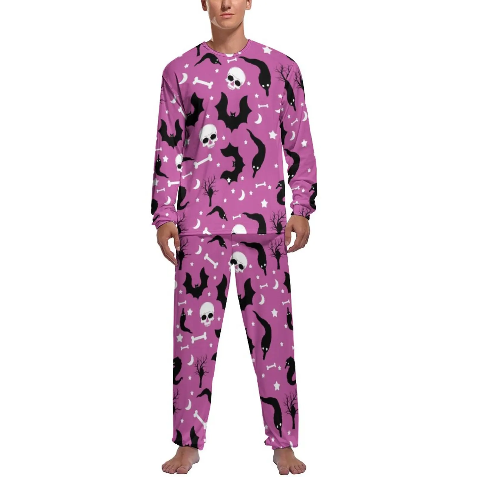 Halloween Party Pajamas Winter Skull Bat Print Casual Nightwear Men 2 Pieces Design Long Sleeves Soft Pajamas Set