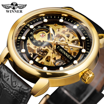 Winner Casual Design Skeleton Watches Men's Retro Style Mechanical Watch Genuine Leather Man Military Wristwatch Golden Reloj-36870