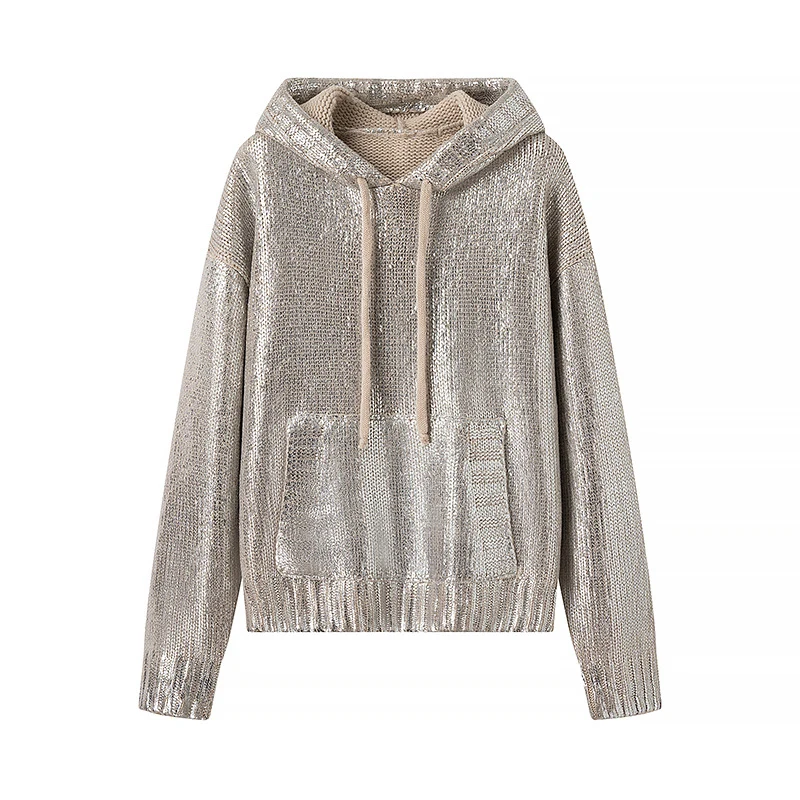 

2024 New Fashion Women Sweater Autumn Winter Silver metal Paint-coat ribbed hooded long sleeved drawstring pullovers Streetwear
