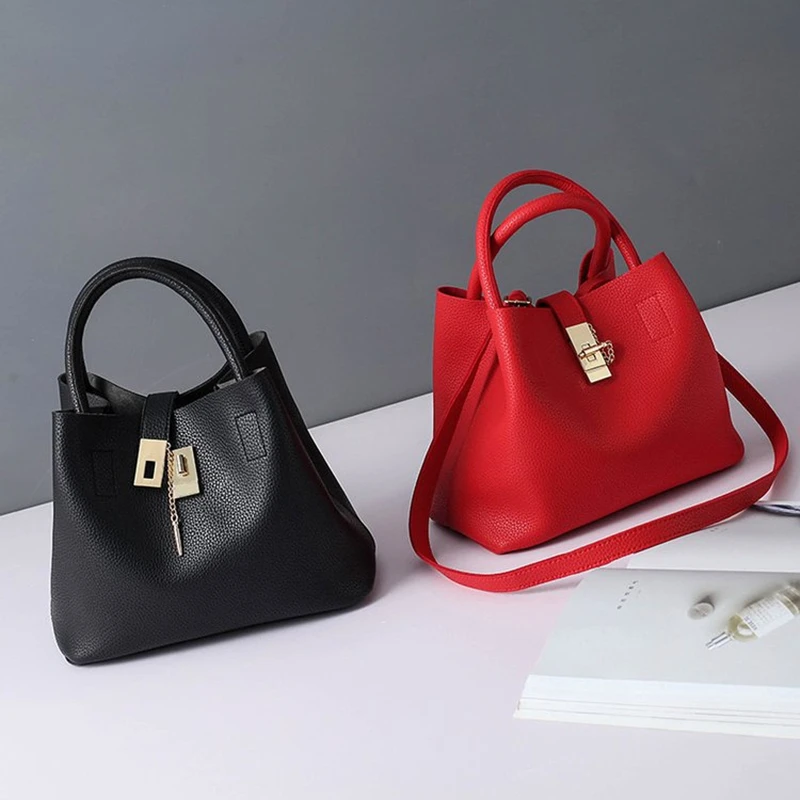 

Woman Shoulder Bag Large Capacity Handbag For Women Crossbody Bag Lychee Pattern PU Portable Bucket Bag Ladies Messenger Bags