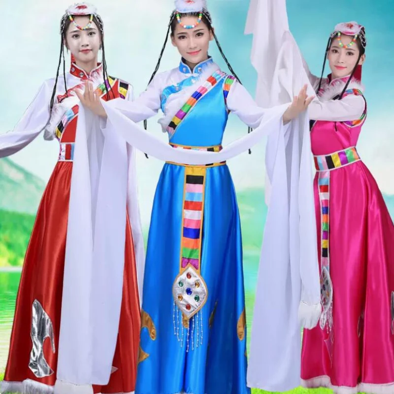 

Национальное тибетское платье с рукавами для женщин и взрослых, платье, праздничный костюм, женский Традиционный китайский Тибетский танцевальный костюм