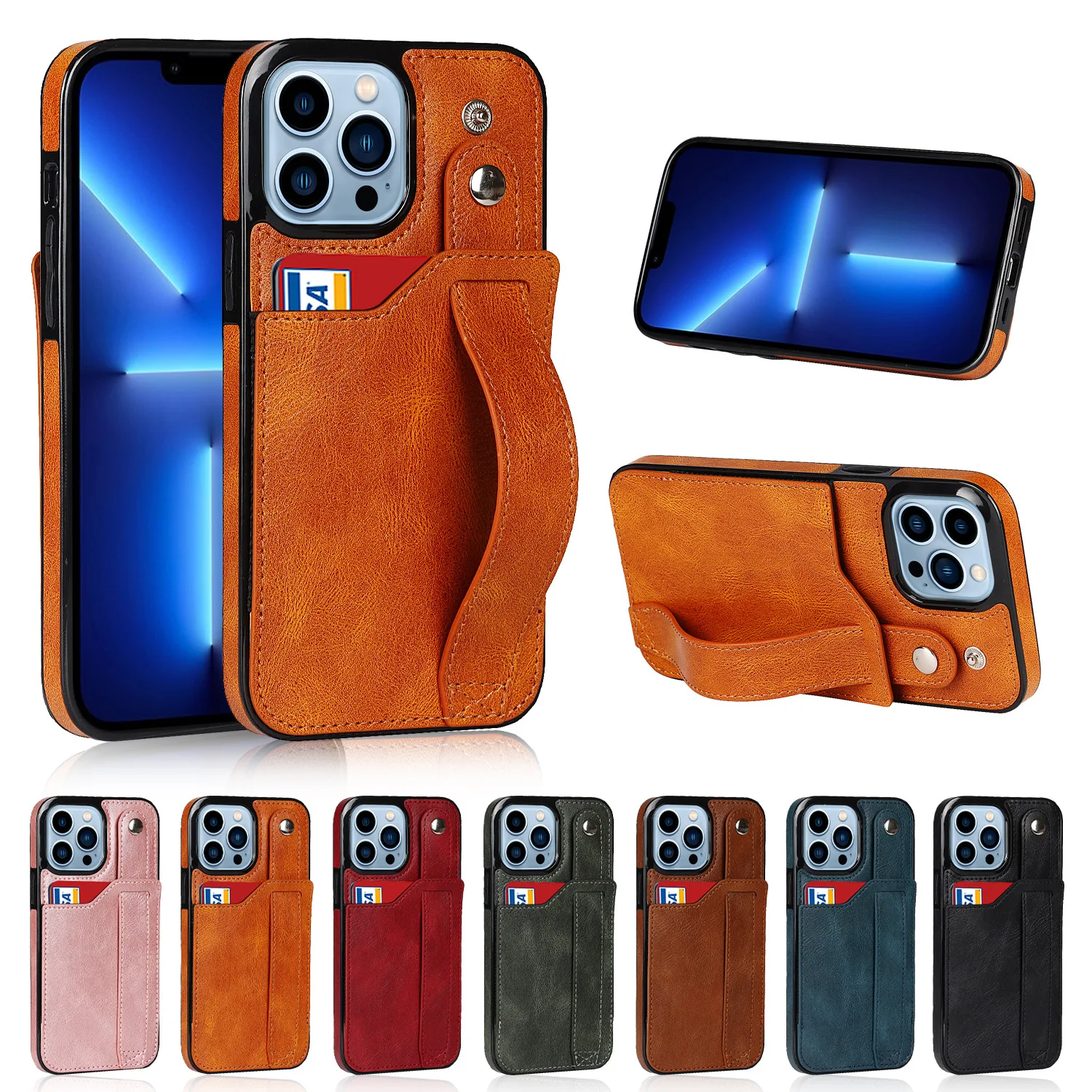 

iPhone14 back cover mobile phone case wristband suitable for Apple 12 protective sleeve 13 Pro card mobile phone leather case