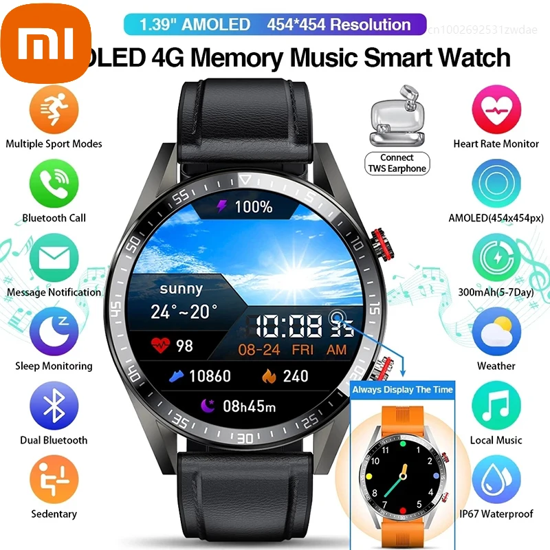 

Умные часы Xiaomi с экраном 454*454, всегда отображают время, звонки по Bluetooth, местная музыка, умные часы для мужчин, наушники TWS на базе Android