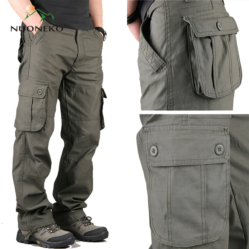 

NUONEKO Spring Autumn Men's Cargo Pants Casual Multi Pockets Military Large Size Tactical Pants Men Outdoor Long Trousers PNT49