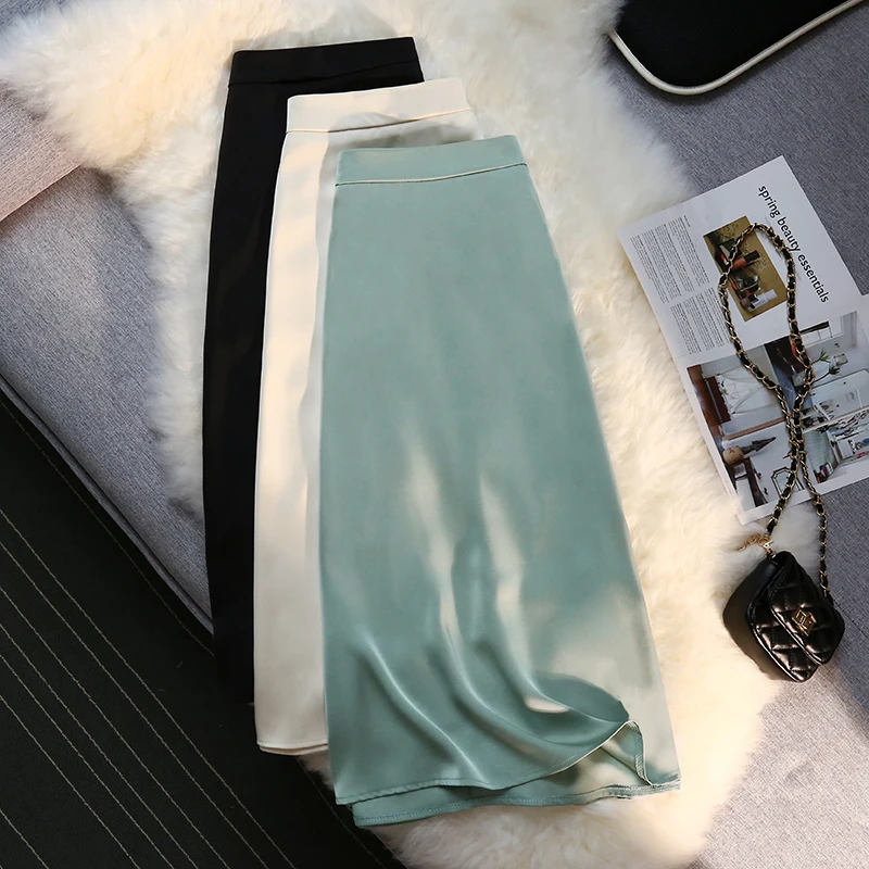 

Wisher&Tong Women's Satin Skirt High Waist Elastic Elegant Long Skirts Korean Fashion Female Midi Skirt 2022 Summer Jupe Femme