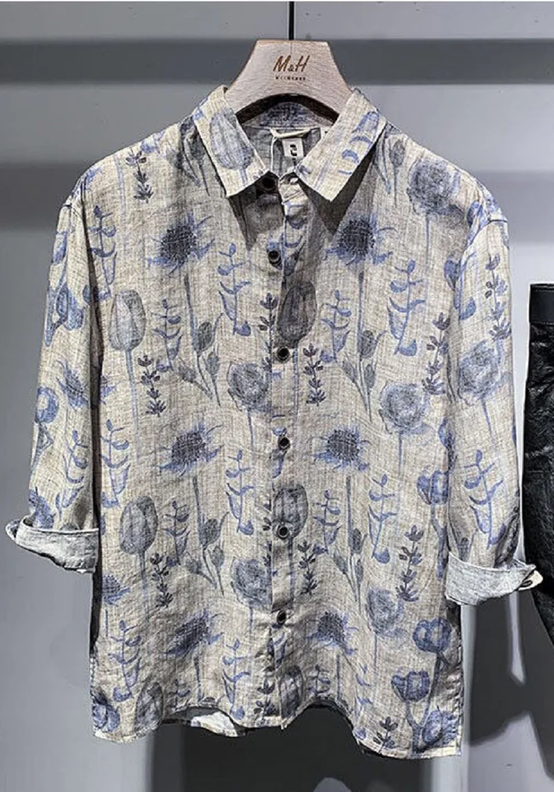 

Export Linen fashion trend style thin loose floral printed shirt men