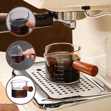 Wood Handle Glass Espresso Measuring Cup Single/Double Mouth Milk Jug Coffee Supplies Transparent Kitchen Measure Mug