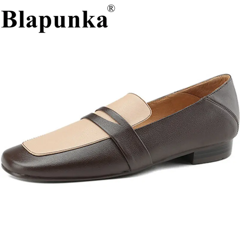 

Blapunka Women Genuine Leather Loafers Slip-ons Flat Shoes Woman Square Toe Penny Loafer Black Beige Creeper Leisure Moccasin 42