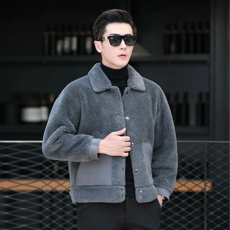Мужская теплая куртка из овечьей шерсти короткая зимняя с отложным воротником