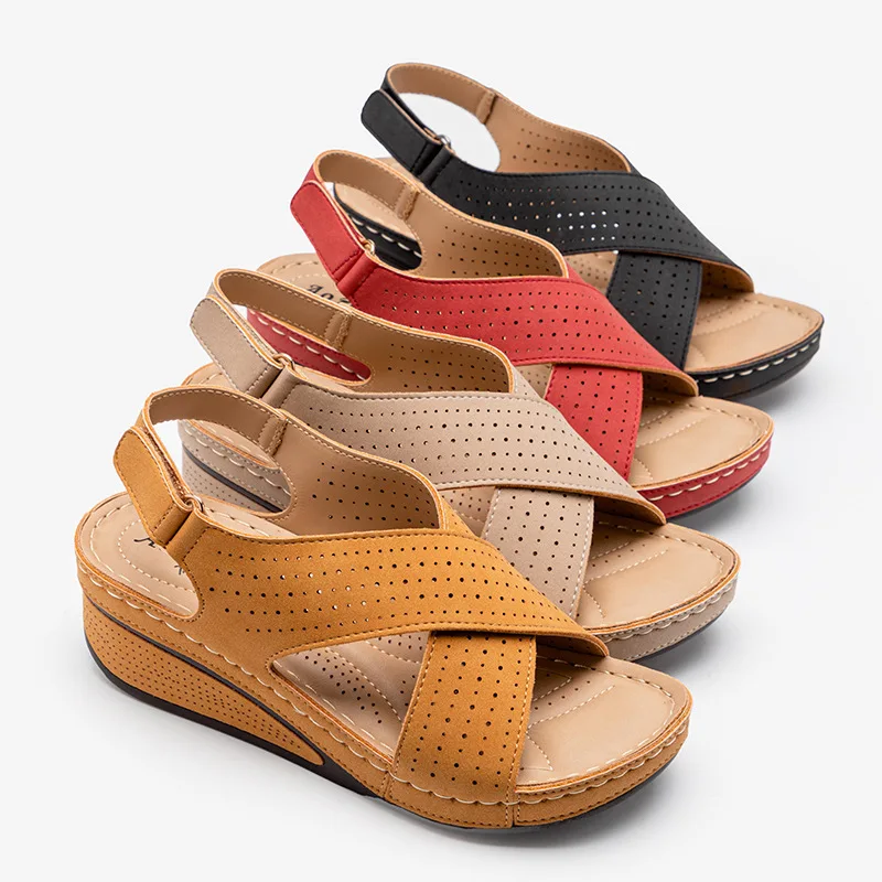 

Women Shose Summer 2022 Casual Leather Sandals Velcro Retro Sandalis Women Plus Size Hollow Wedges Sandals