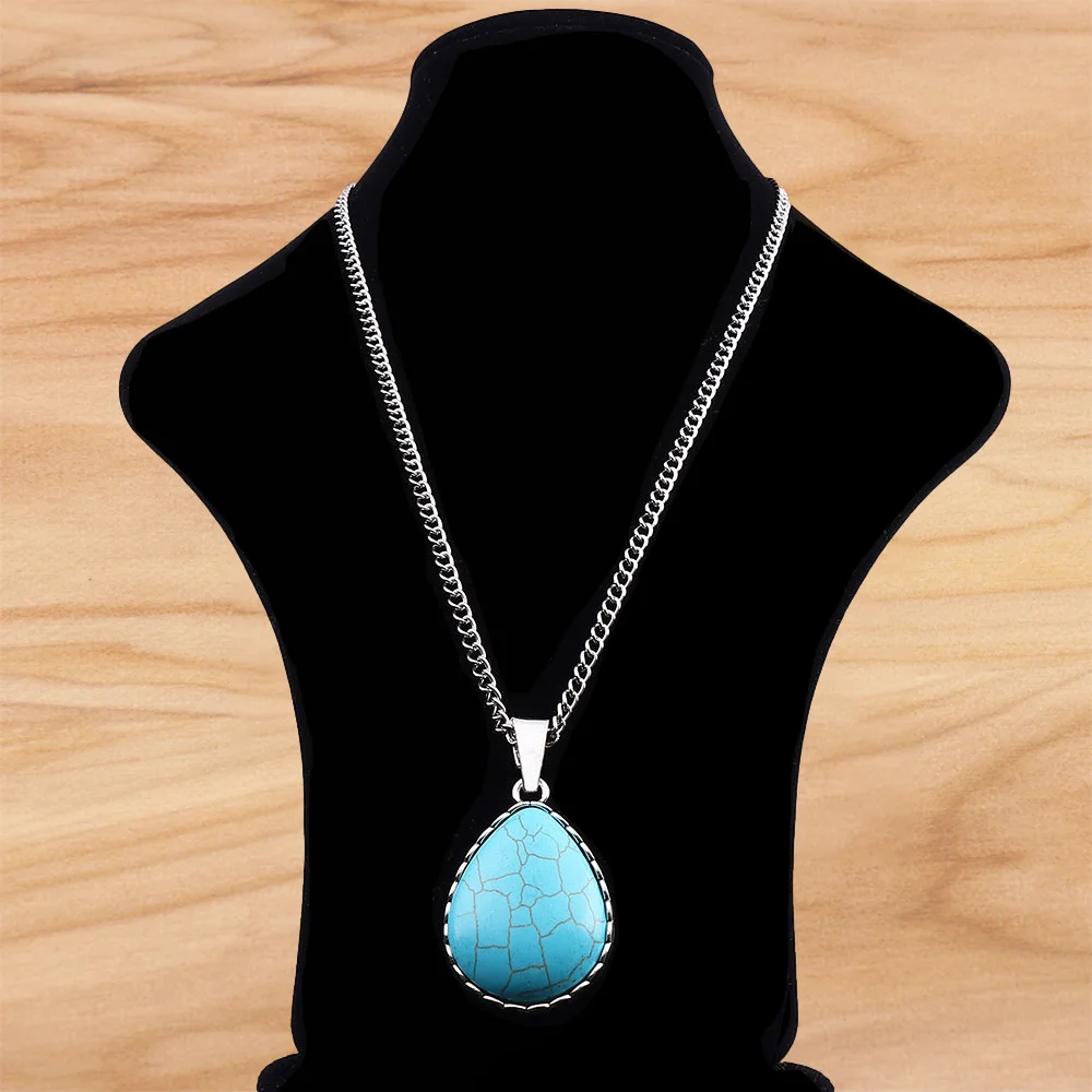 

Tibetan Silver Large Water Drop Shaped & Turquoise Pendant on Long Chain Necklace Lagenlook 34 Inches for Jewelry Women Men Gift